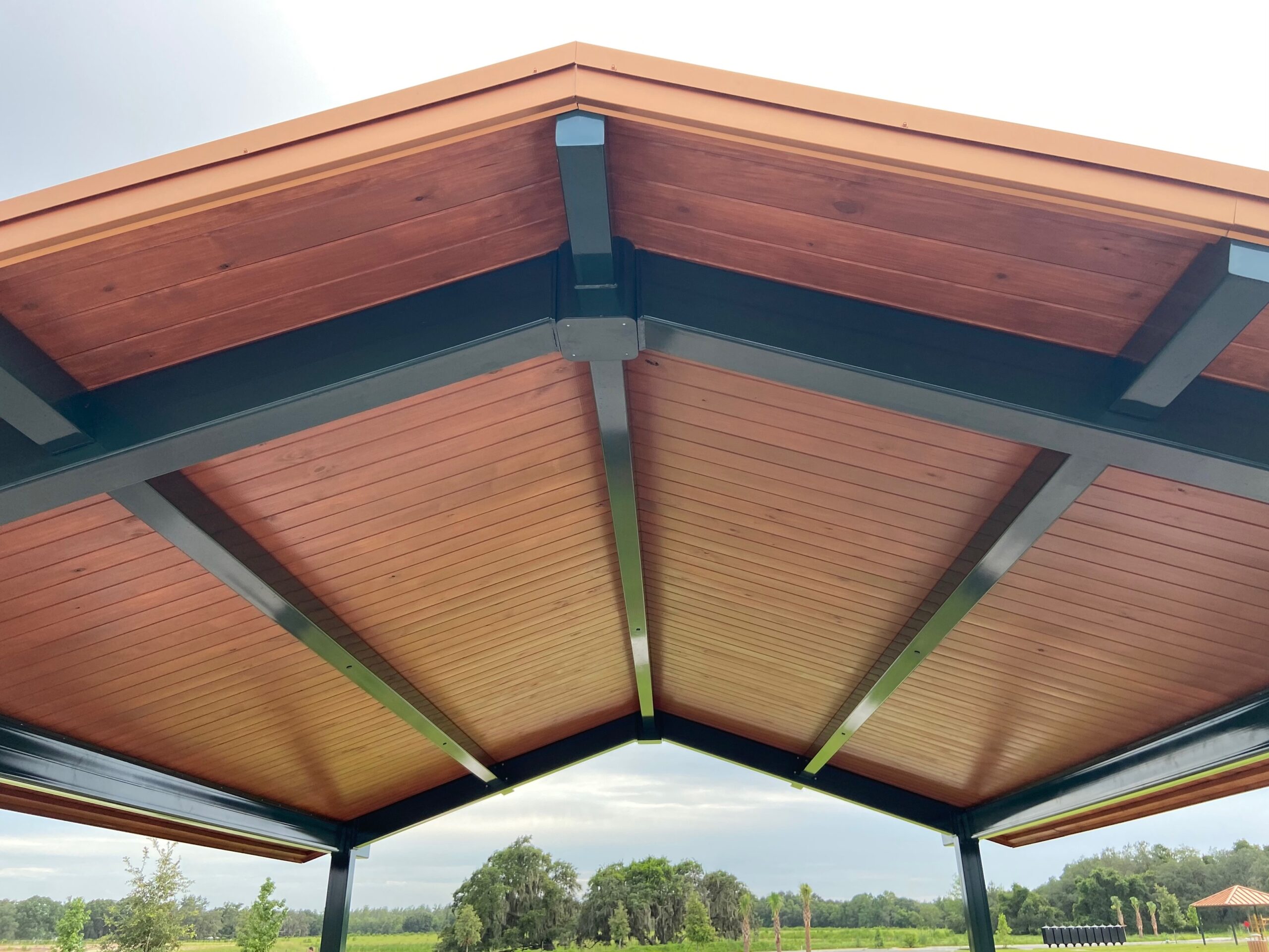 Cathedral view of finished mahogany-stained pavilion ceiling, Third Coat Orlando