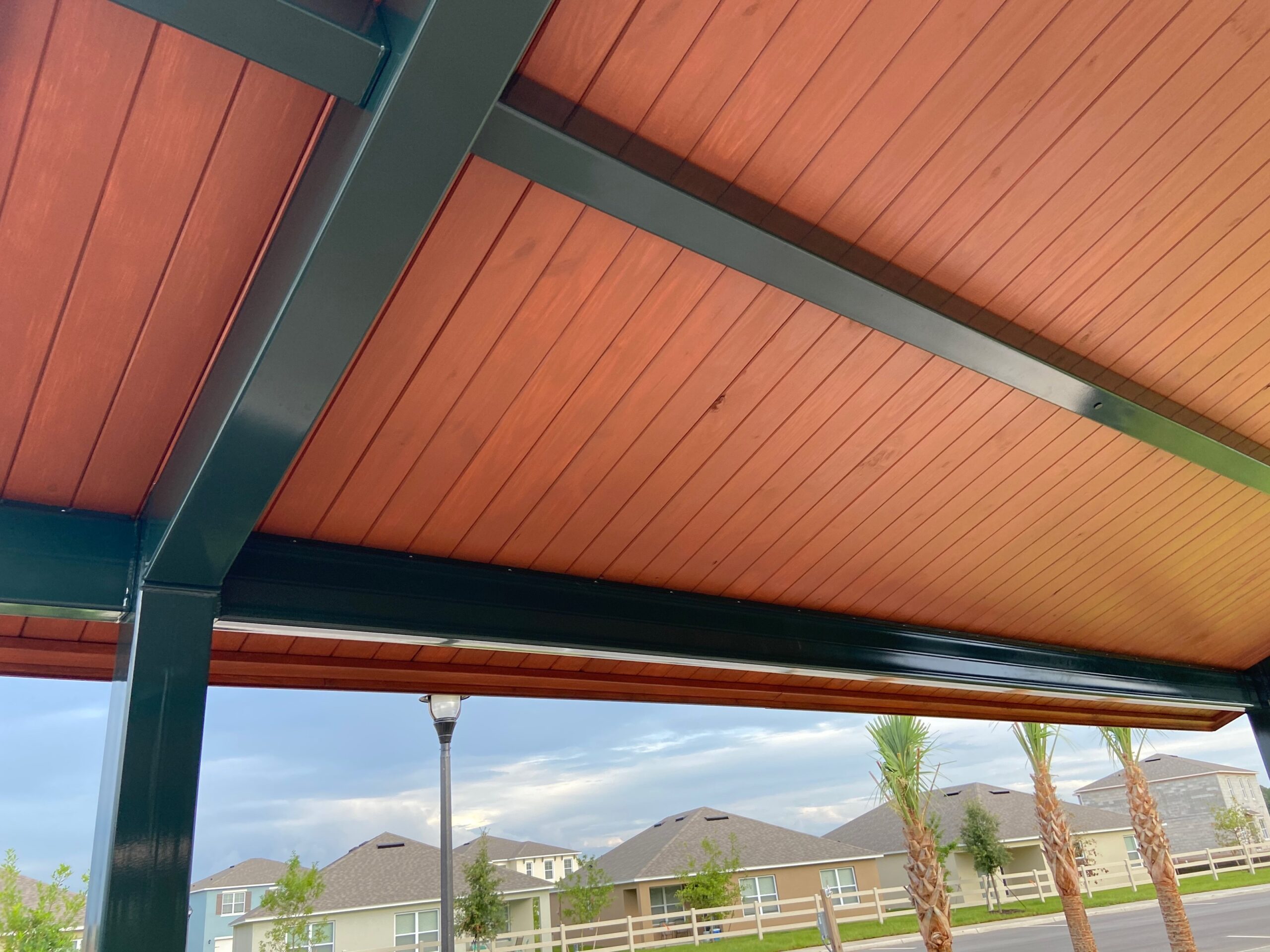 Detail of stained gable end on commercial wood pavilion, Third Coat Central Florida