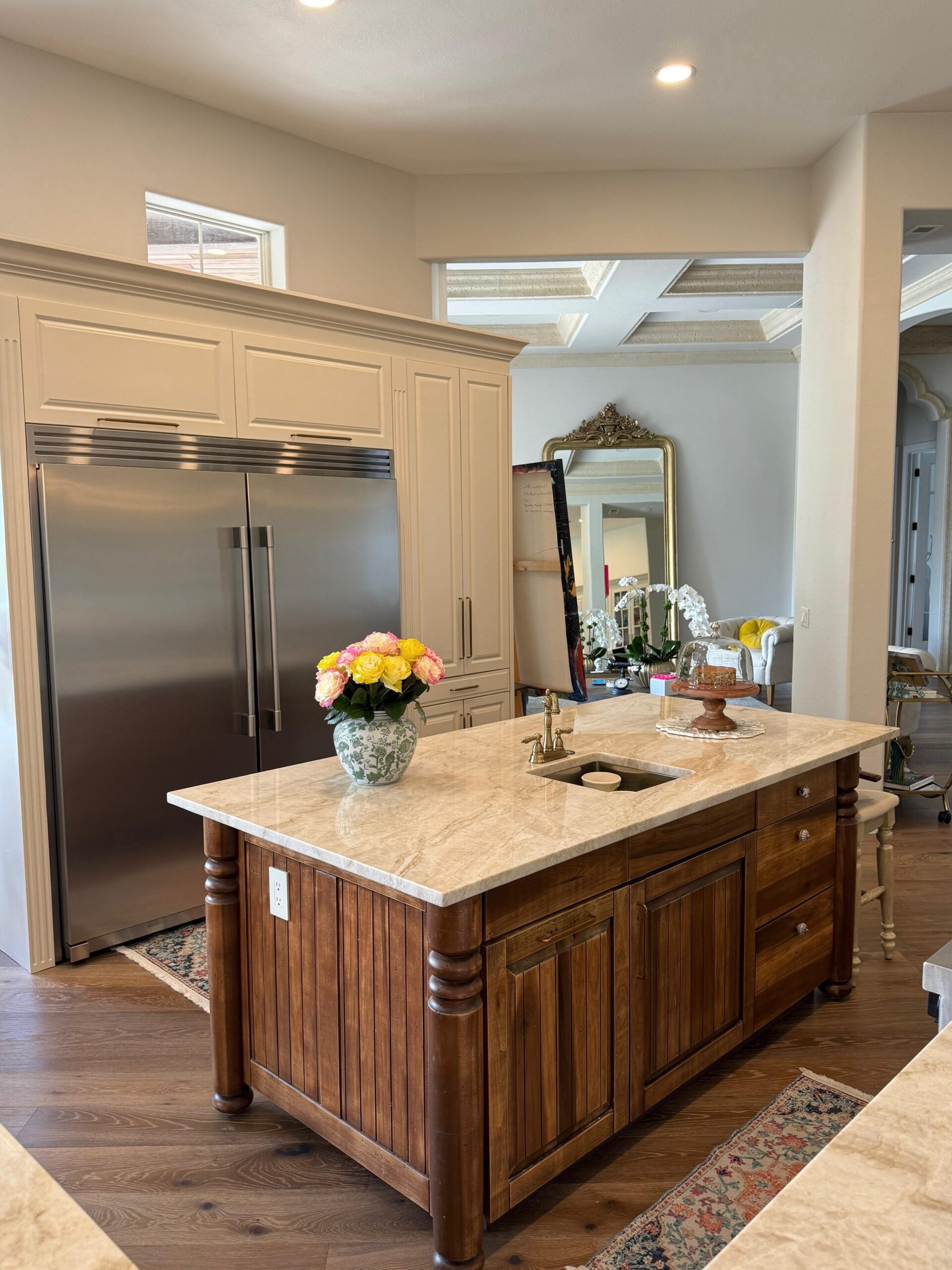 Custom kitchen island wood staining with rich walnut finish. Third Coat Orlando
